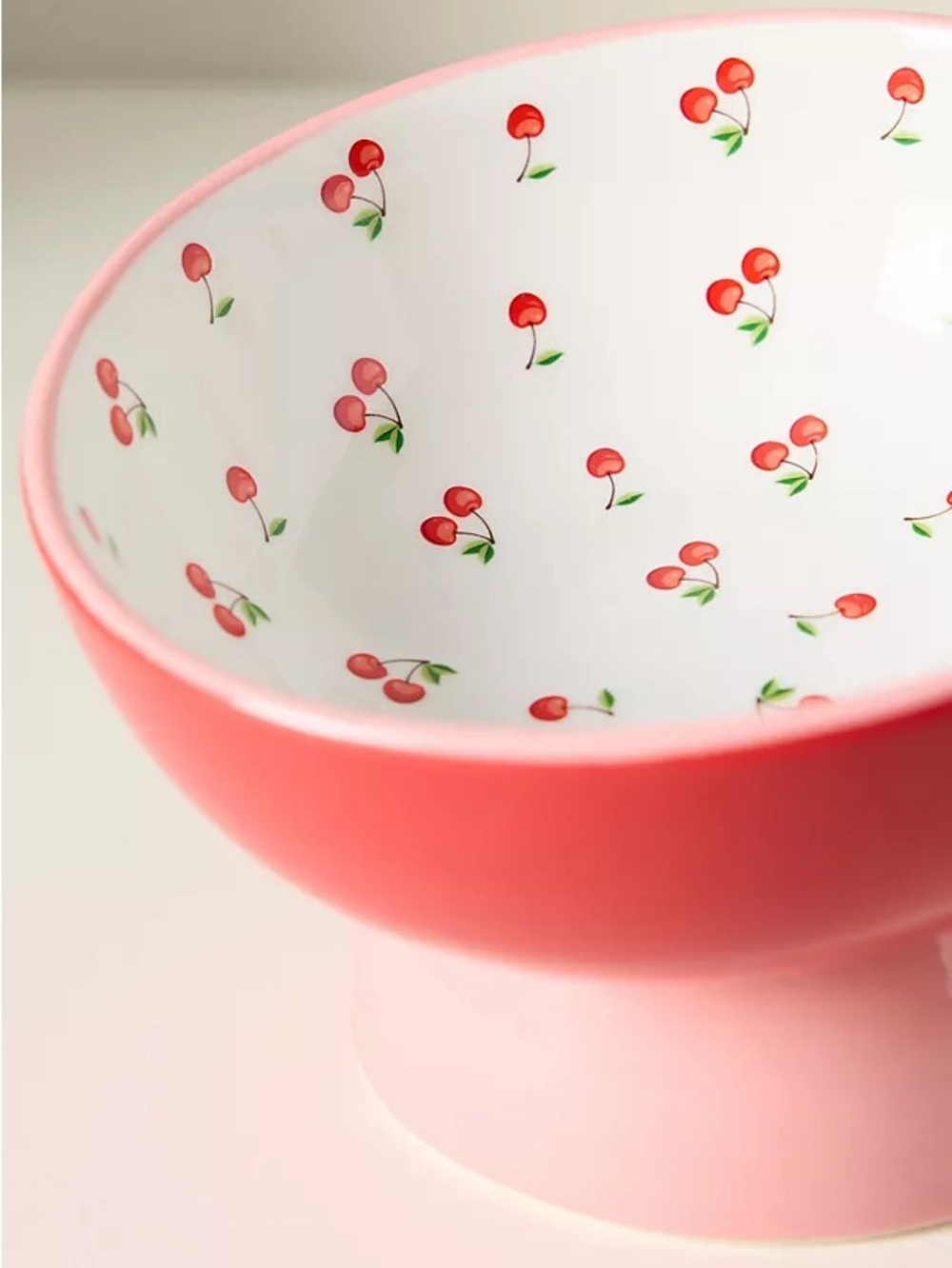 Anthropologie Cherry Pattern Pink Ceramic Pedestal Pet Bowl